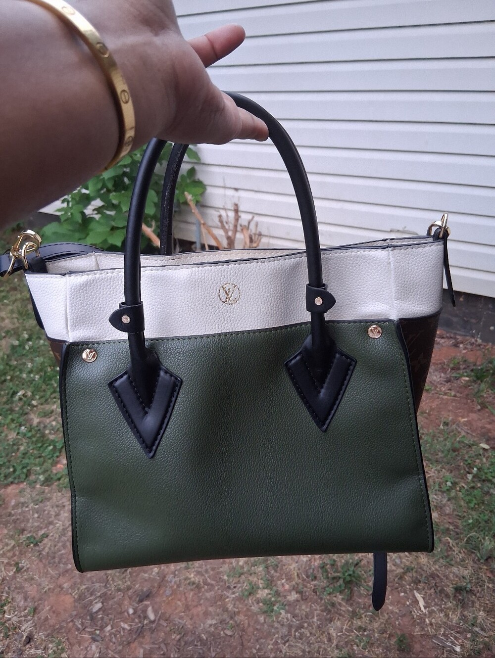 Women’s Colorblock Top-Handle Tote Bag - White & Olive Green